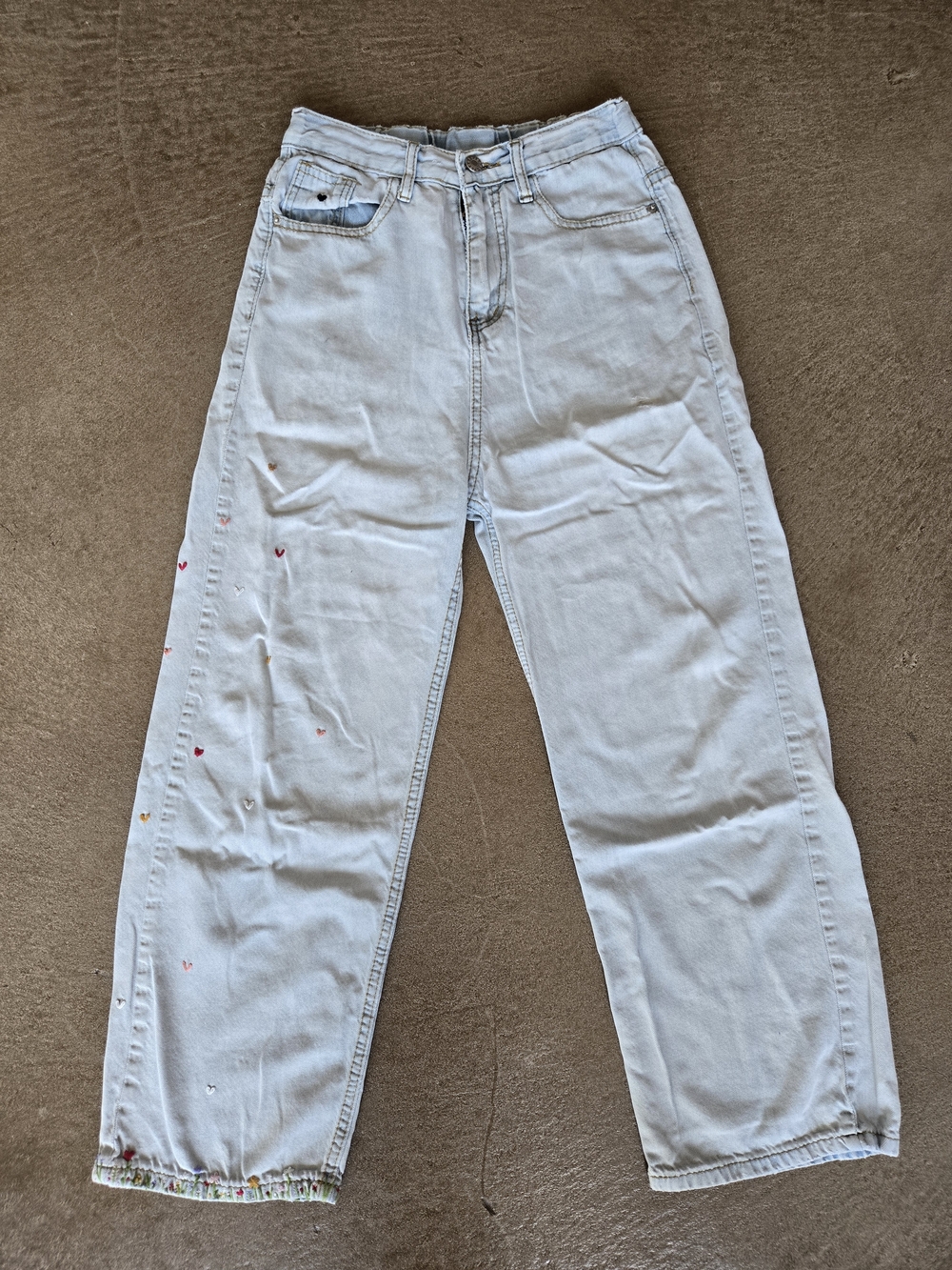 Light Wash Straight-Leg Jeans with Painted Heart Details